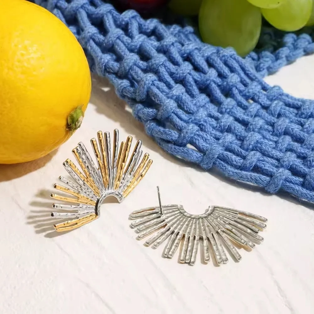 Sun Gold Stainless Steel Silver Sunburst Earrings